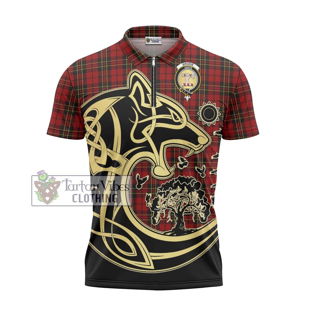 Brodie Tartan Zipper Polo Shirt with Family Crest Celtic Wolf Style