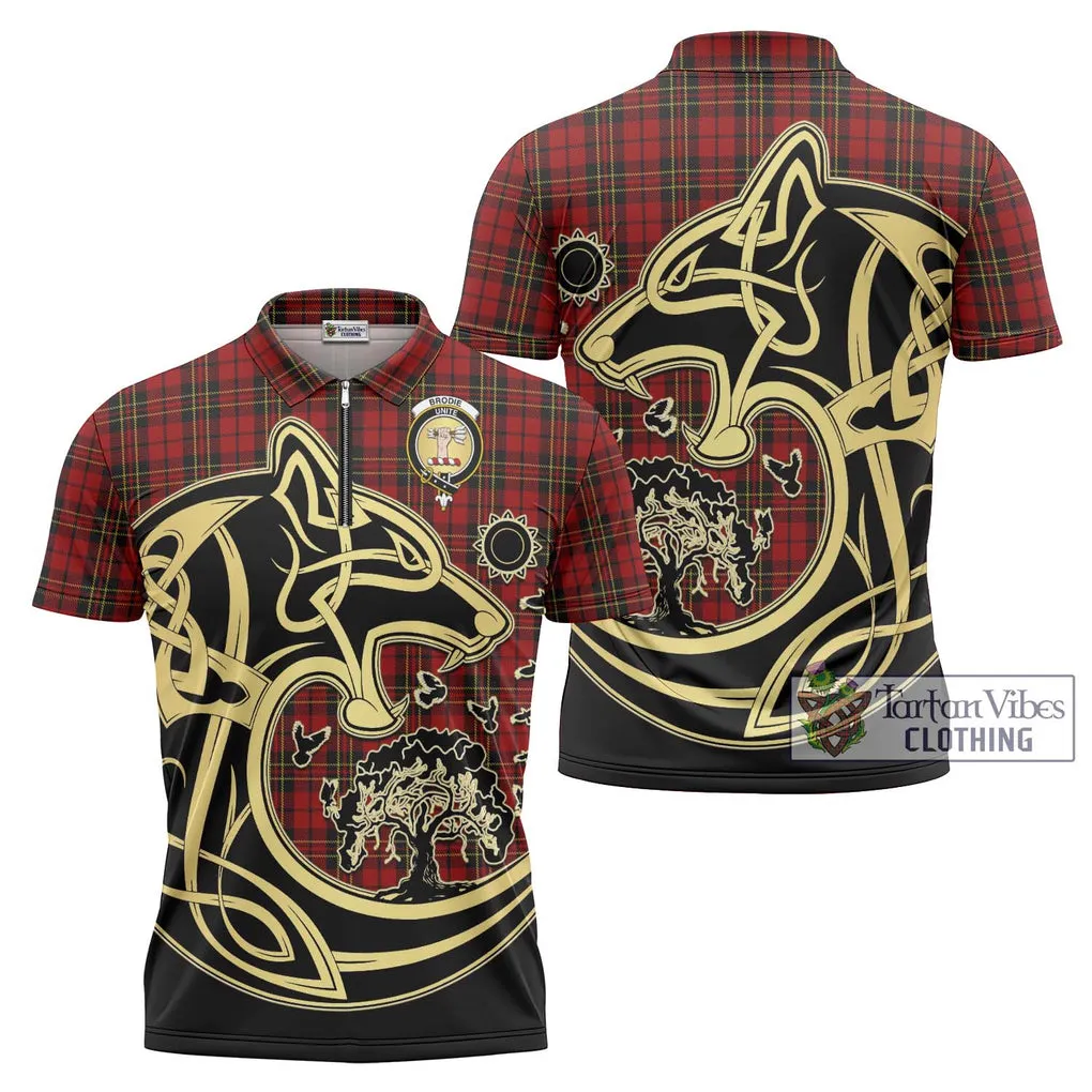 Brodie Tartan Zipper Polo Shirt with Family Crest Celtic Wolf Style