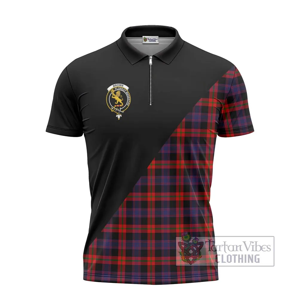 Brown (Broun) Tartan Zipper Polo Shirt with Family Crest and Military Logo Style