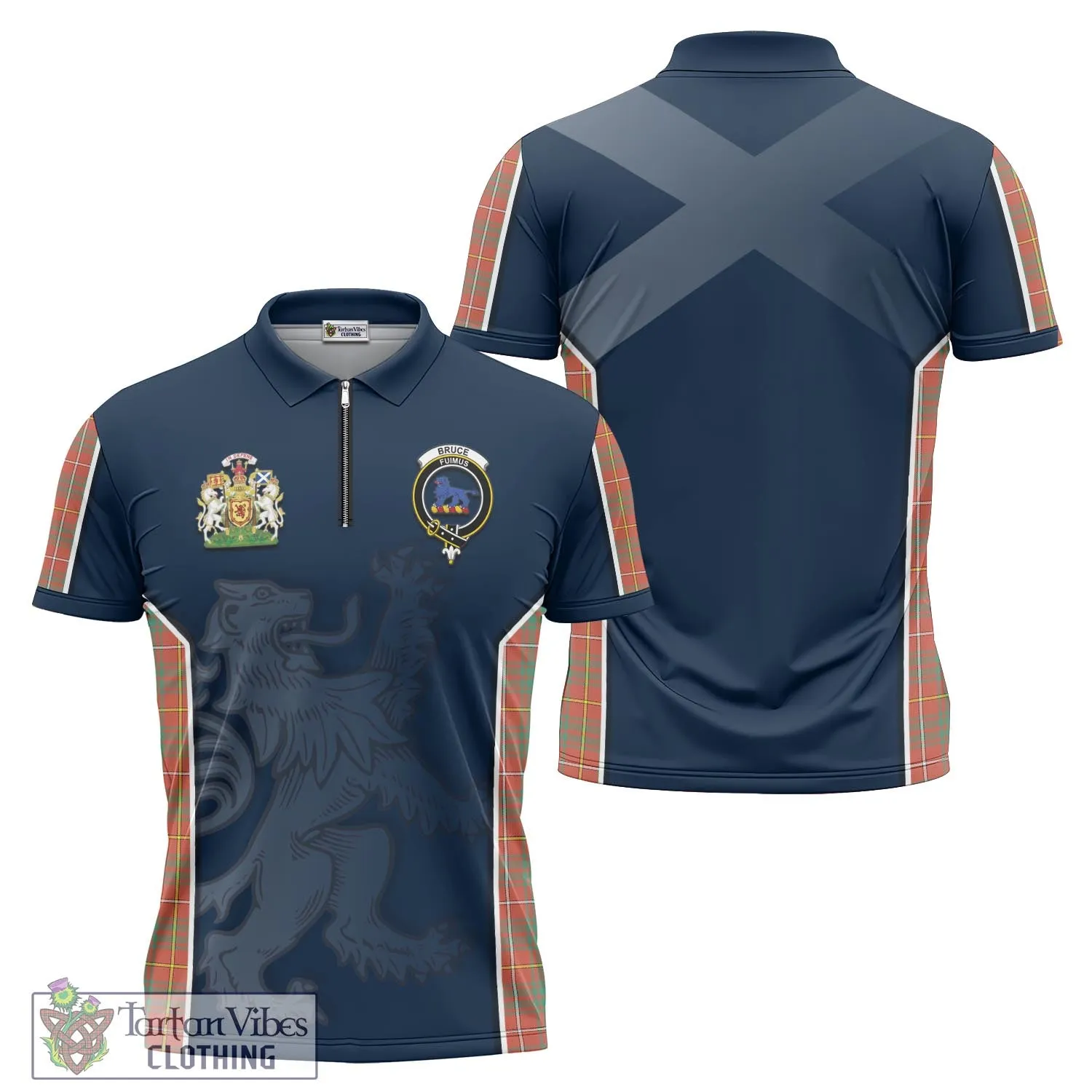 Bruce Ancient Tartan Zipper Polo Shirt with Family Crest and Lion Rampant Vibes Sport Style