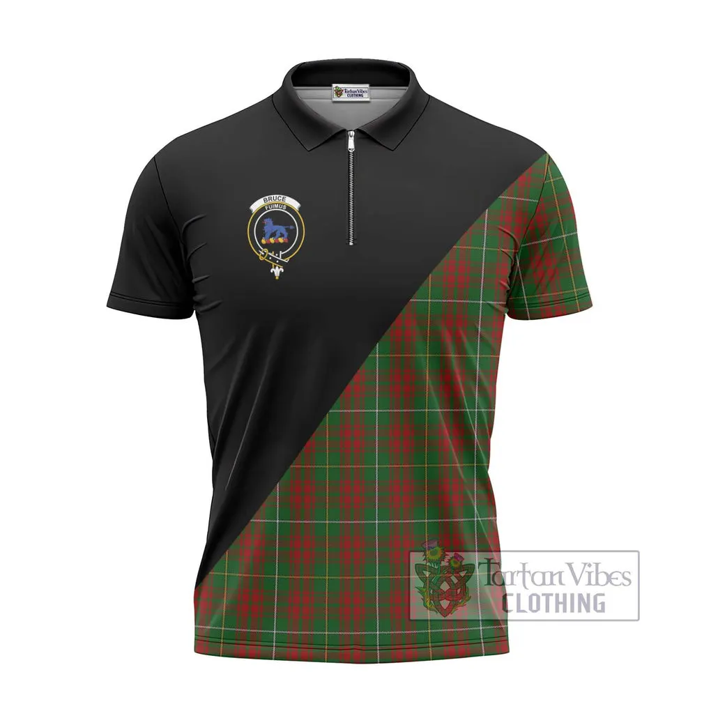 Bruce Hunting Tartan Zipper Polo Shirt with Family Crest and Military Logo Style