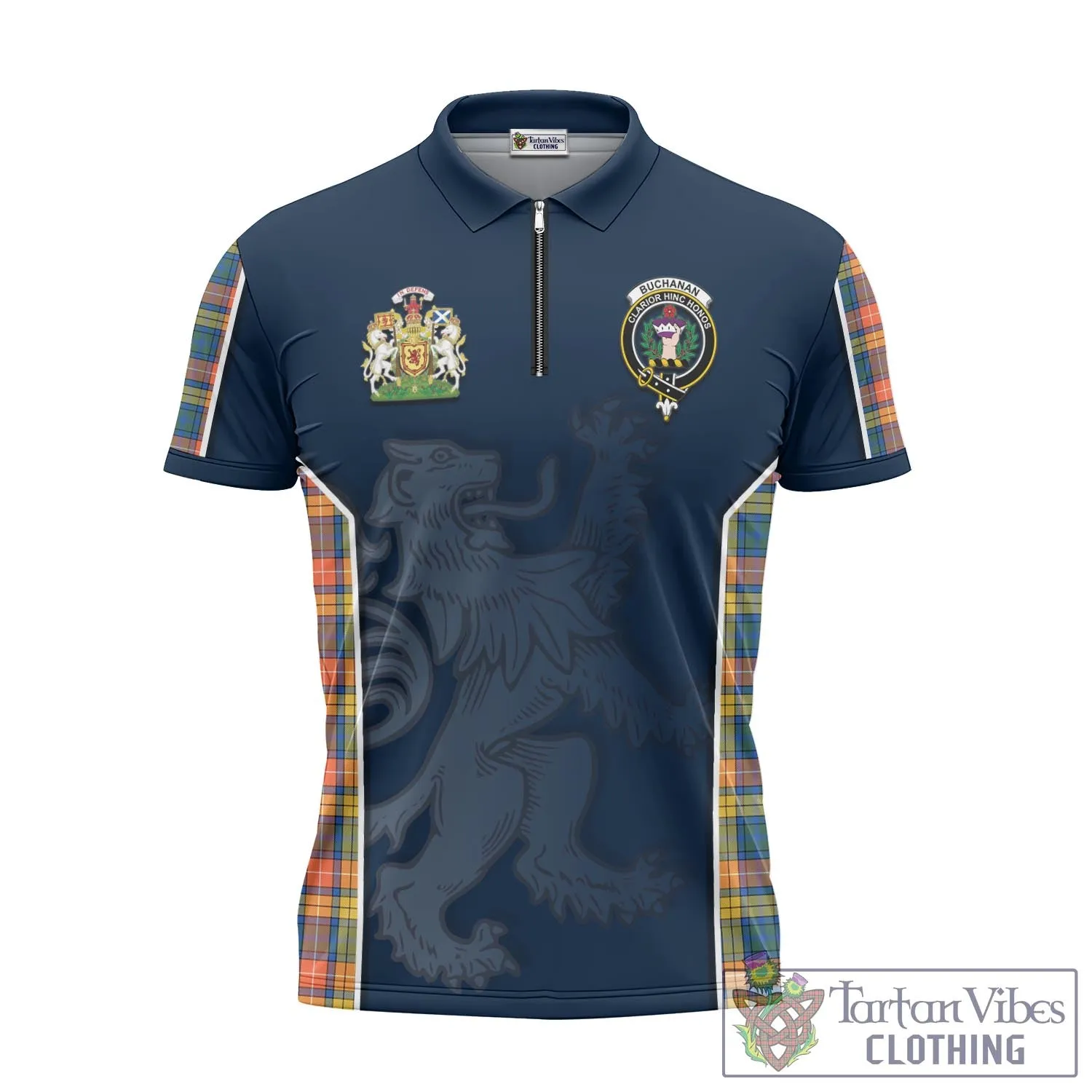 Buchanan Ancient Tartan Zipper Polo Shirt with Family Crest and Lion Rampant Vibes Sport Style