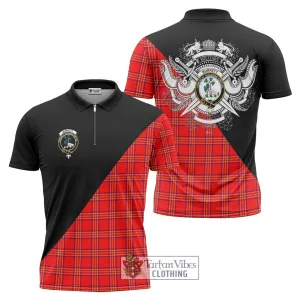 Burnett Modern Tartan Zipper Polo Shirt with Family Crest and Military Logo Style