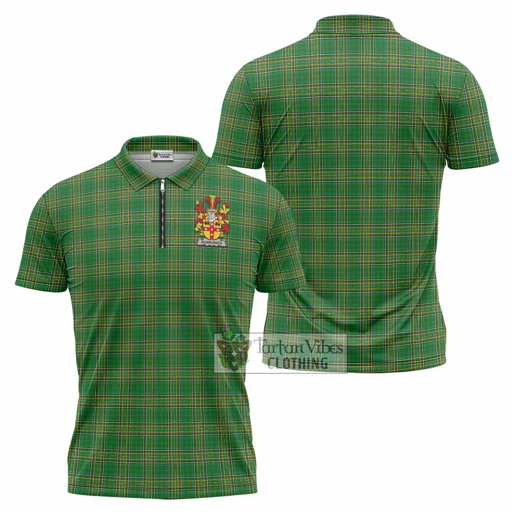 Burrowes Irish Clan Tartan Zipper Polo Shirt with Coat of Arms