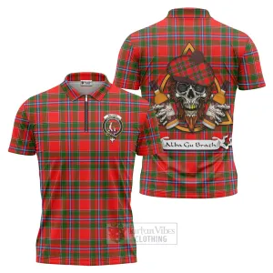 Butter Tartan Zipper Polo Shirt with Family Crest and Bearded Skull Holding Bottles of Whiskey