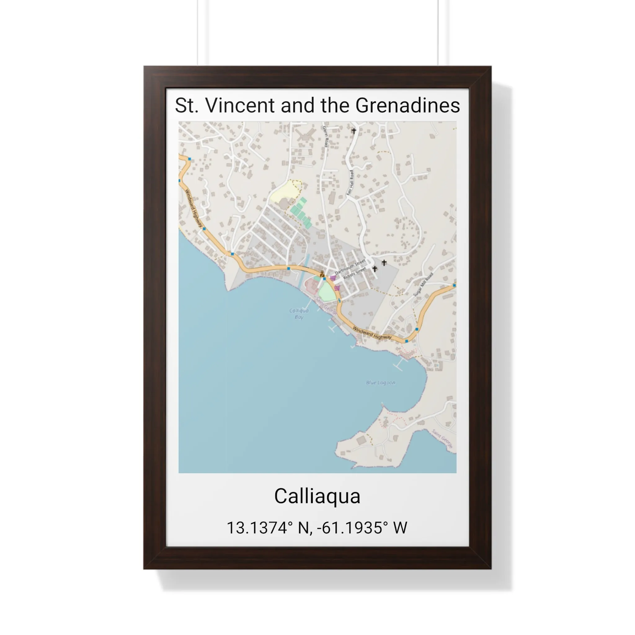 Calliaqua St. Vincent and the Grenadines Map Framed Print Poster, City Map Print Poster. Framed Vertical Poster