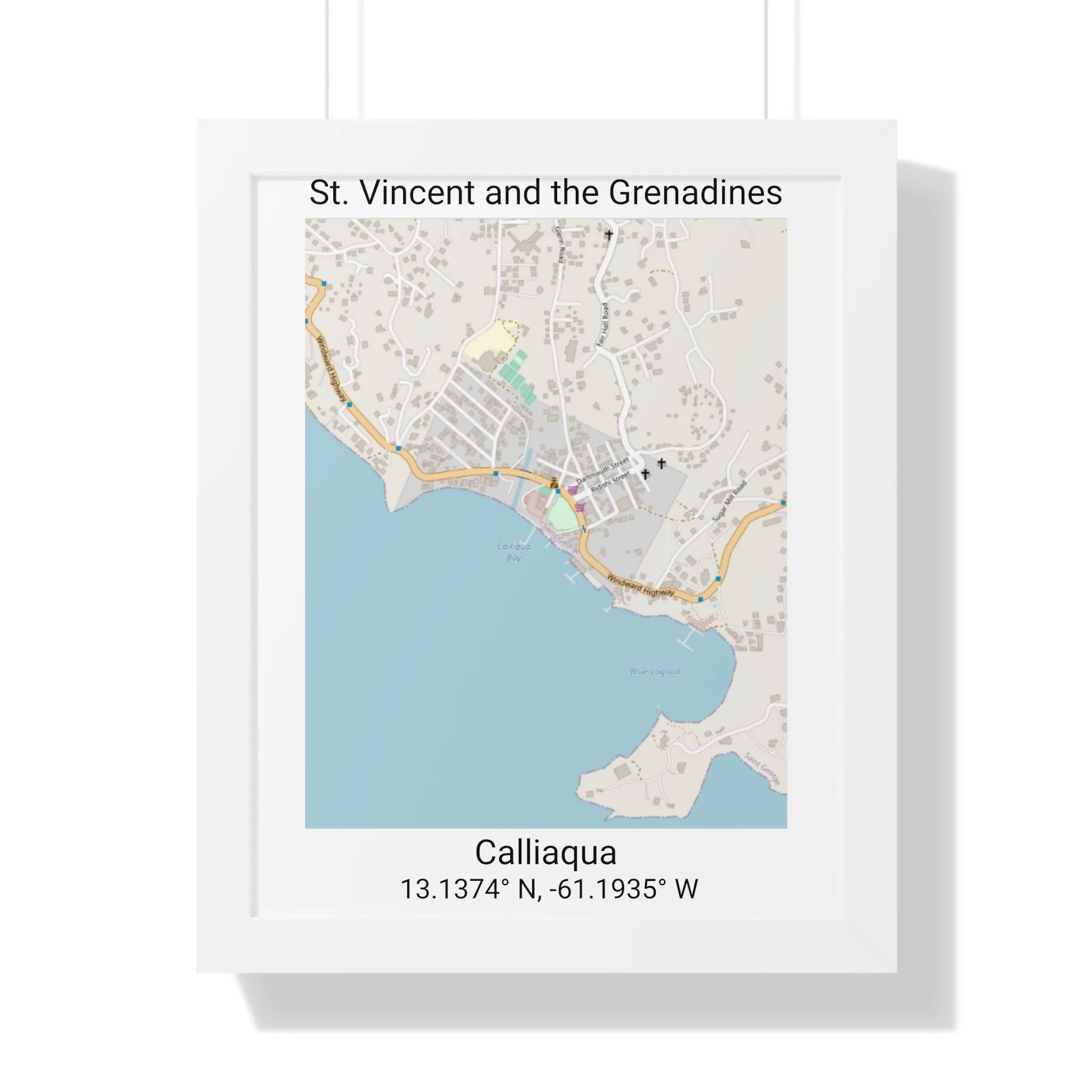 Calliaqua St. Vincent and the Grenadines Map Framed Print Poster, City Map Print Poster. Framed Vertical Poster