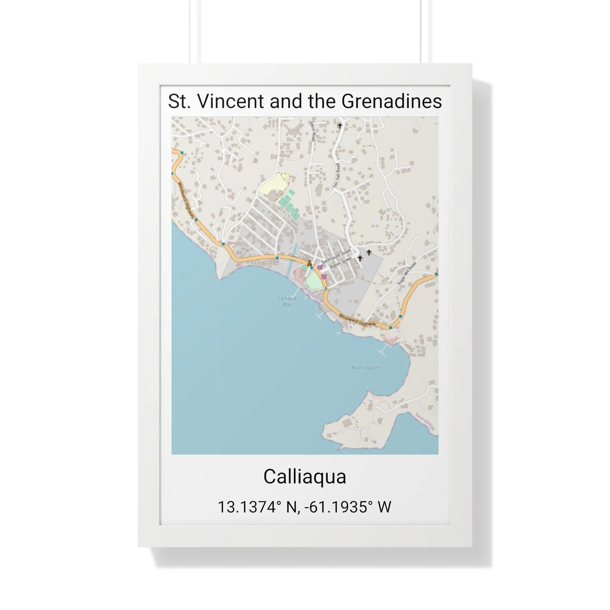 Calliaqua St. Vincent and the Grenadines Map Framed Print Poster, City Map Print Poster. Framed Vertical Poster