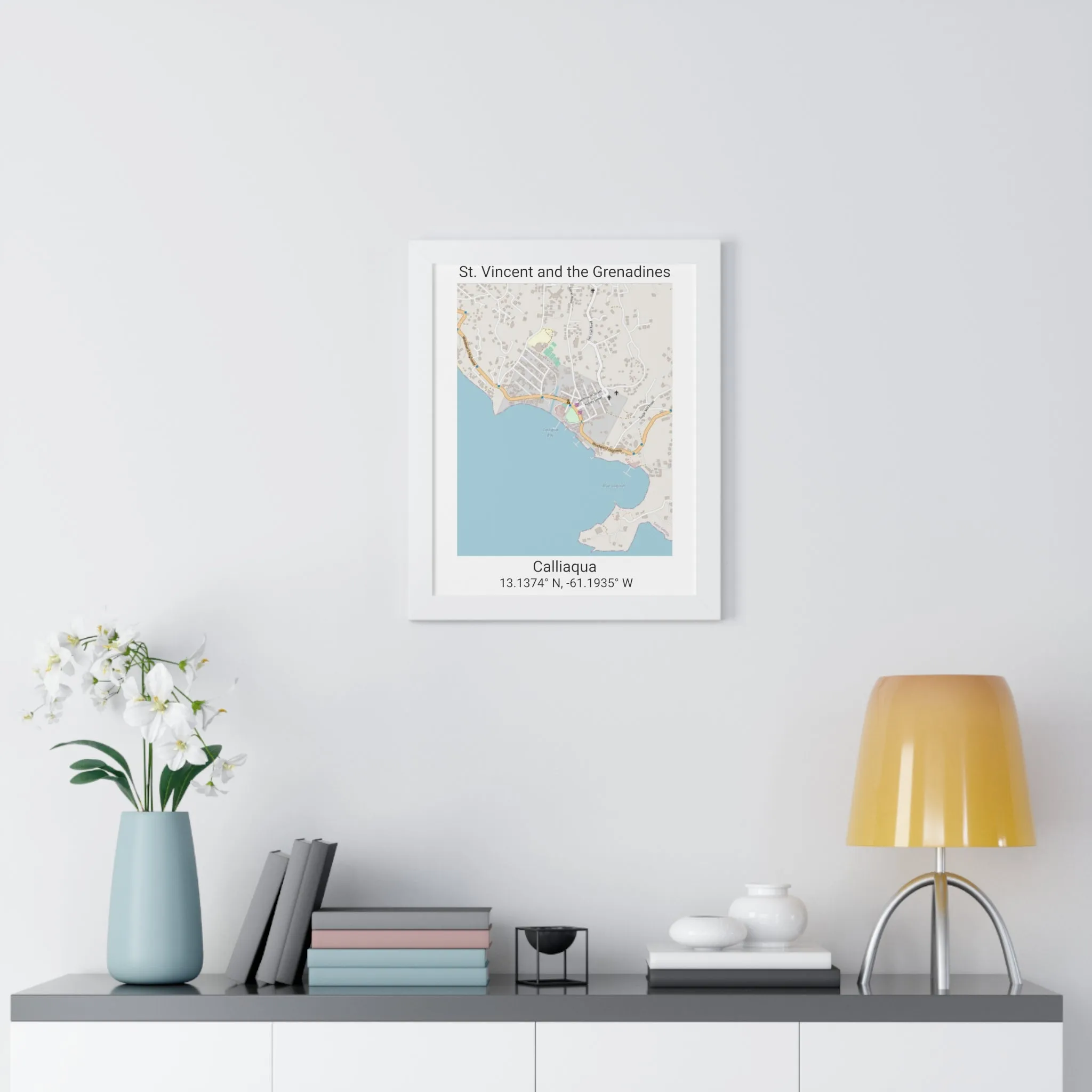 Calliaqua St. Vincent and the Grenadines Map Framed Print Poster, City Map Print Poster. Framed Vertical Poster