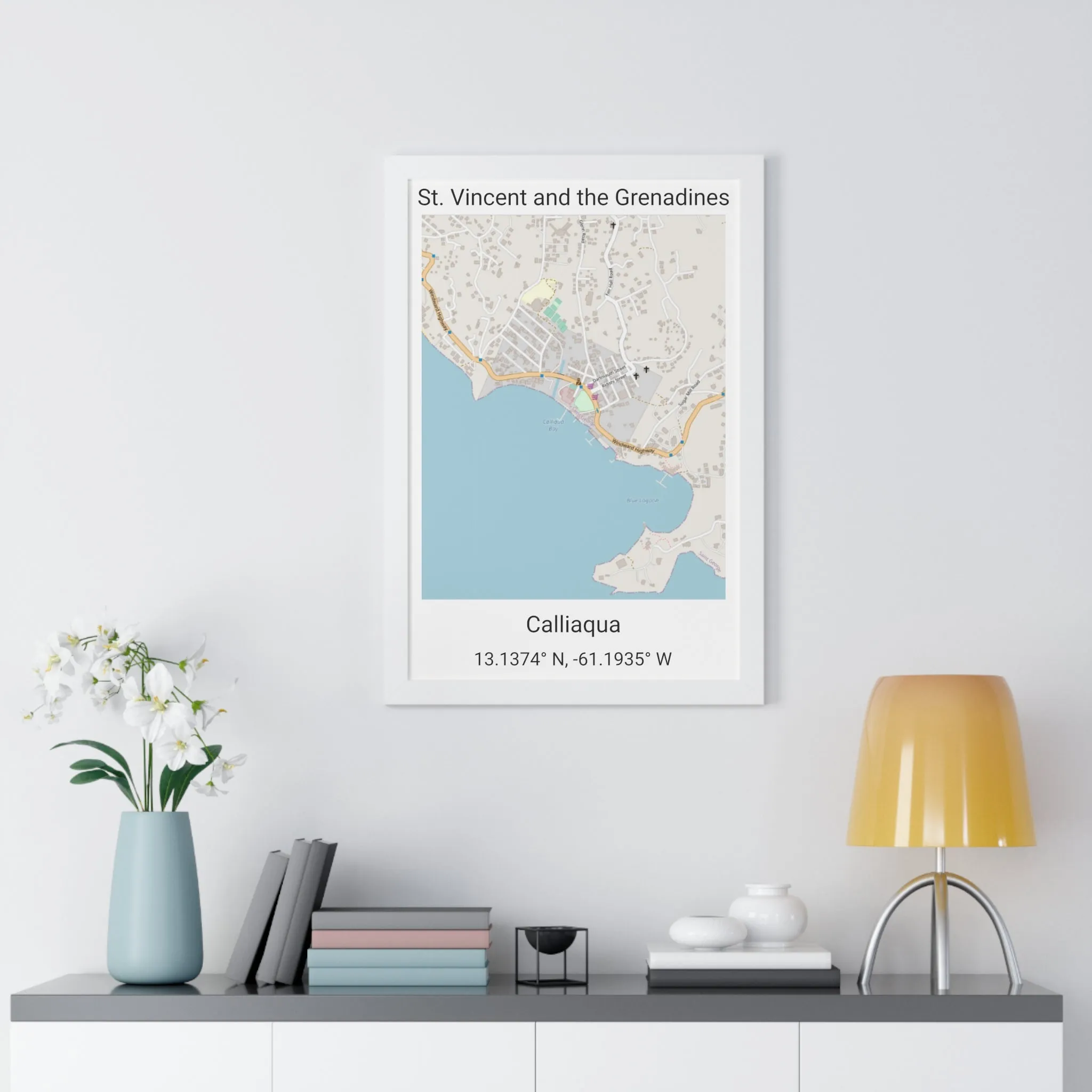 Calliaqua St. Vincent and the Grenadines Map Framed Print Poster, City Map Print Poster. Framed Vertical Poster