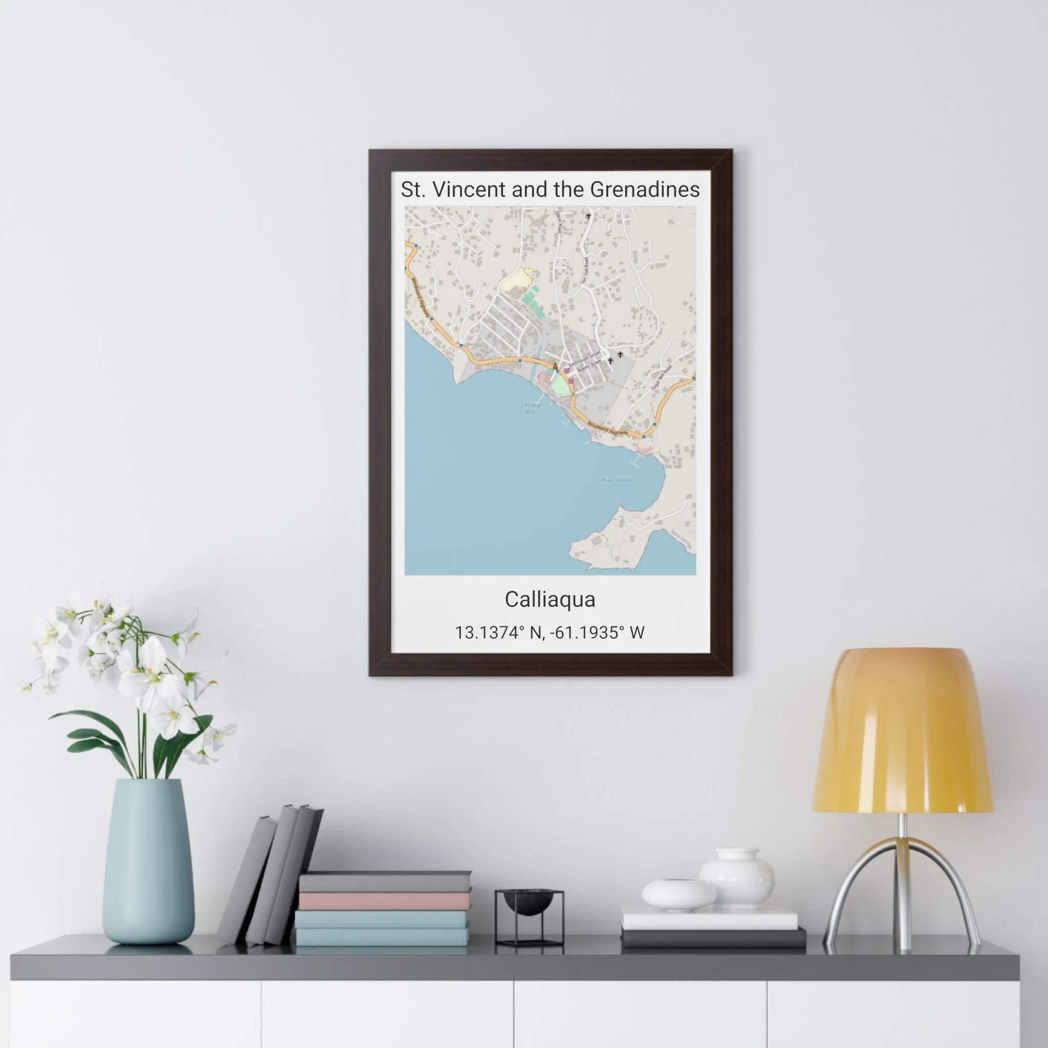 Calliaqua St. Vincent and the Grenadines Map Framed Print Poster, City Map Print Poster. Framed Vertical Poster