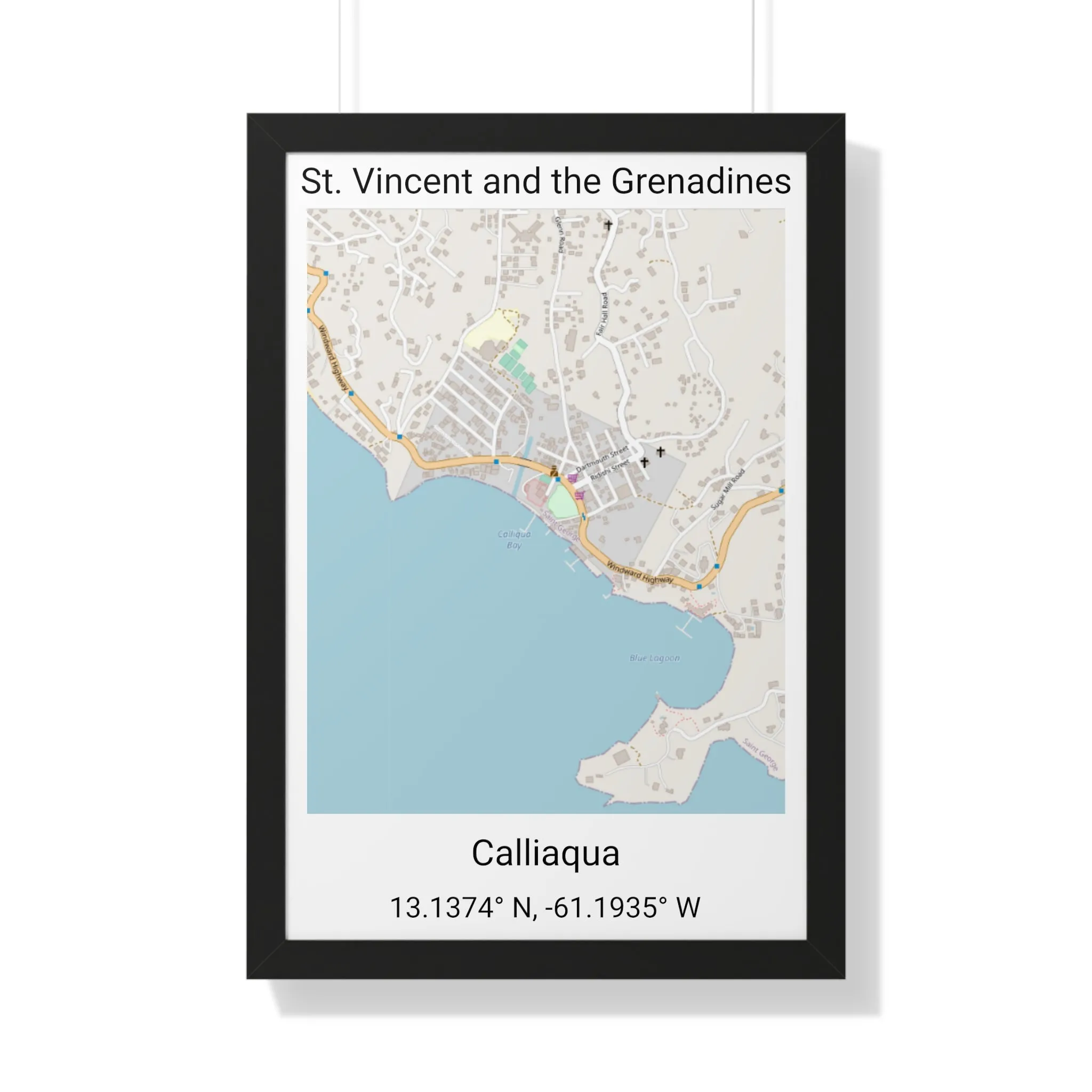 Calliaqua St. Vincent and the Grenadines Map Framed Print Poster, City Map Print Poster. Framed Vertical Poster