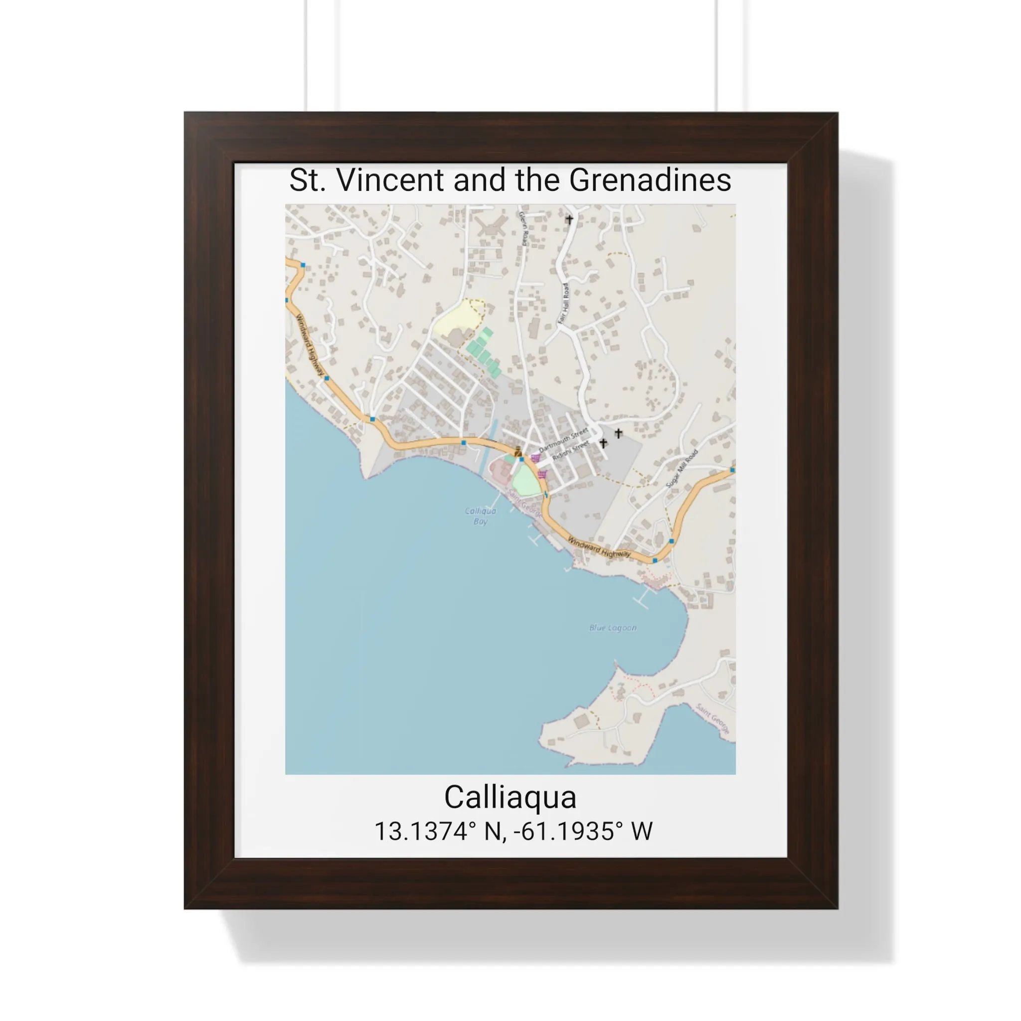 Calliaqua St. Vincent and the Grenadines Map Framed Print Poster, City Map Print Poster. Framed Vertical Poster