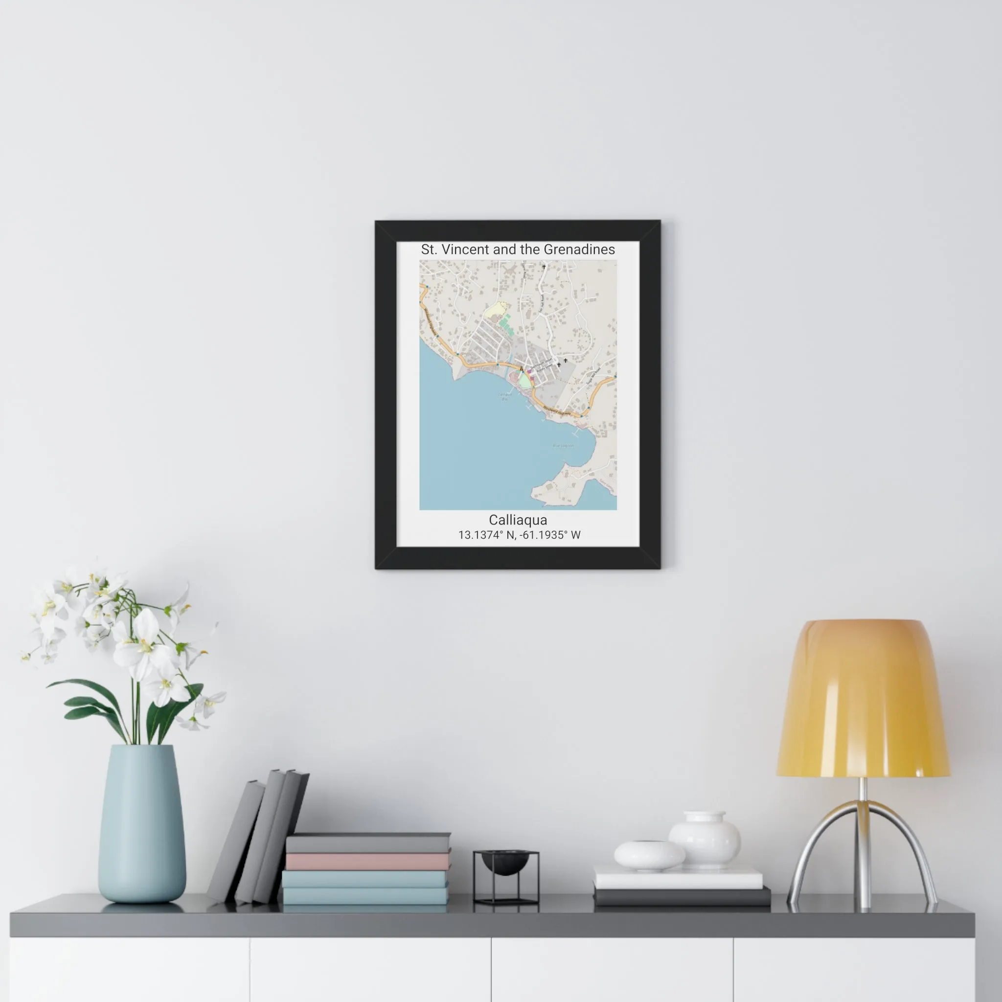 Calliaqua St. Vincent and the Grenadines Map Framed Print Poster, City Map Print Poster. Framed Vertical Poster