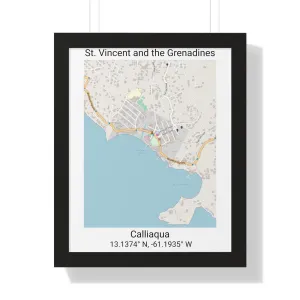 Calliaqua St. Vincent and the Grenadines Map Framed Print Poster, City Map Print Poster. Framed Vertical Poster