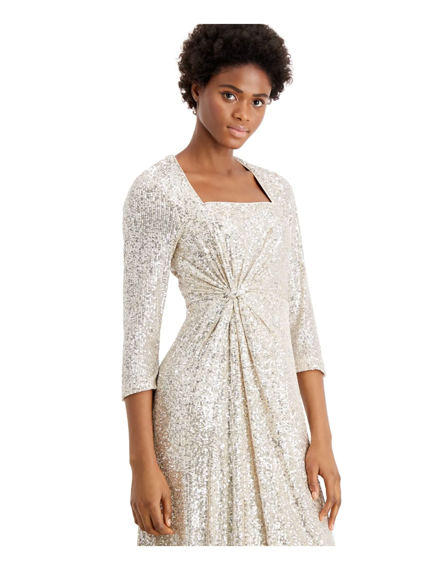 CALVIN KLEIN Womens Beige Sequined 3/4 Sleeve Square Neck Full-Length Evening Fit   Flare Dress