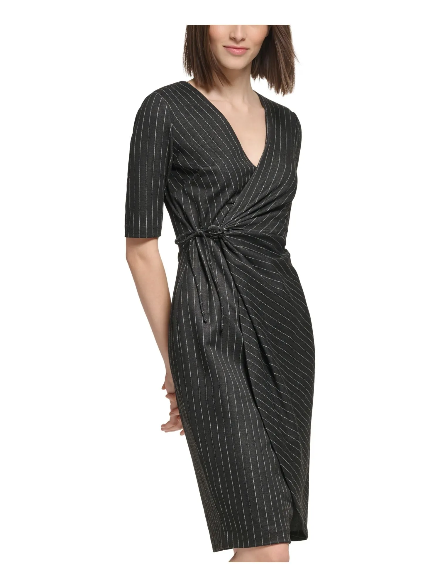 CALVIN KLEIN Womens Black Ruched Zippered Tie Side Hardware Trim Pinstripe Elbow Sleeve Surplice Neckline Knee Length Wear To Work Faux Wrap Dress