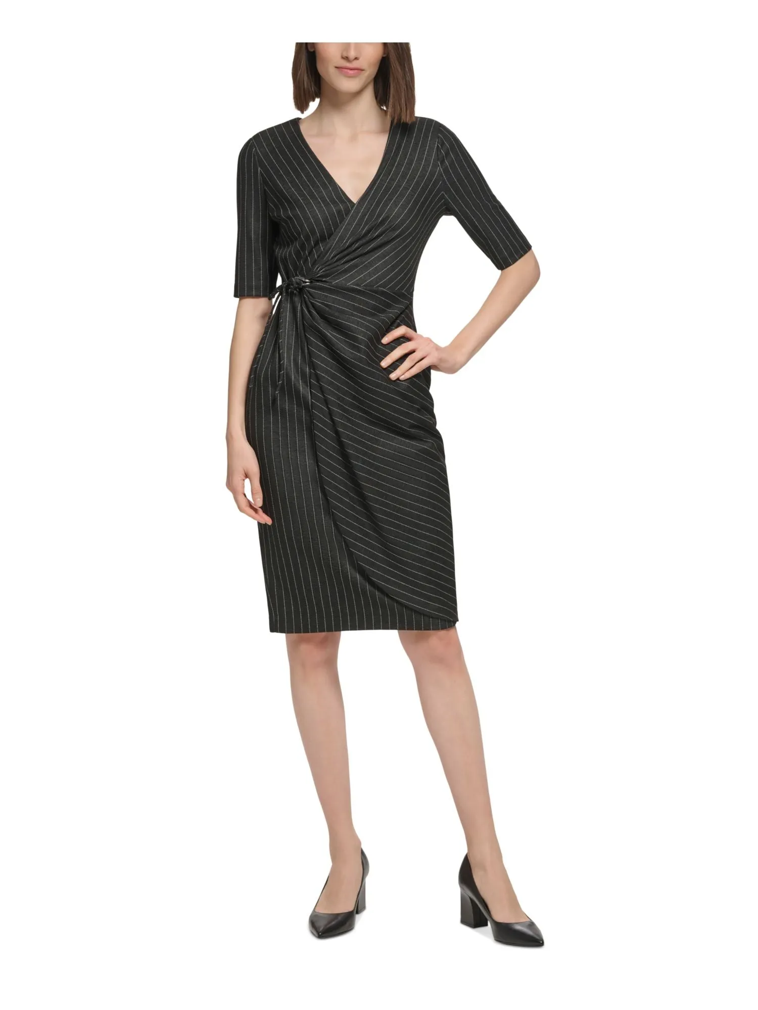 CALVIN KLEIN Womens Black Ruched Zippered Tie Side Hardware Trim Pinstripe Elbow Sleeve Surplice Neckline Knee Length Wear To Work Faux Wrap Dress