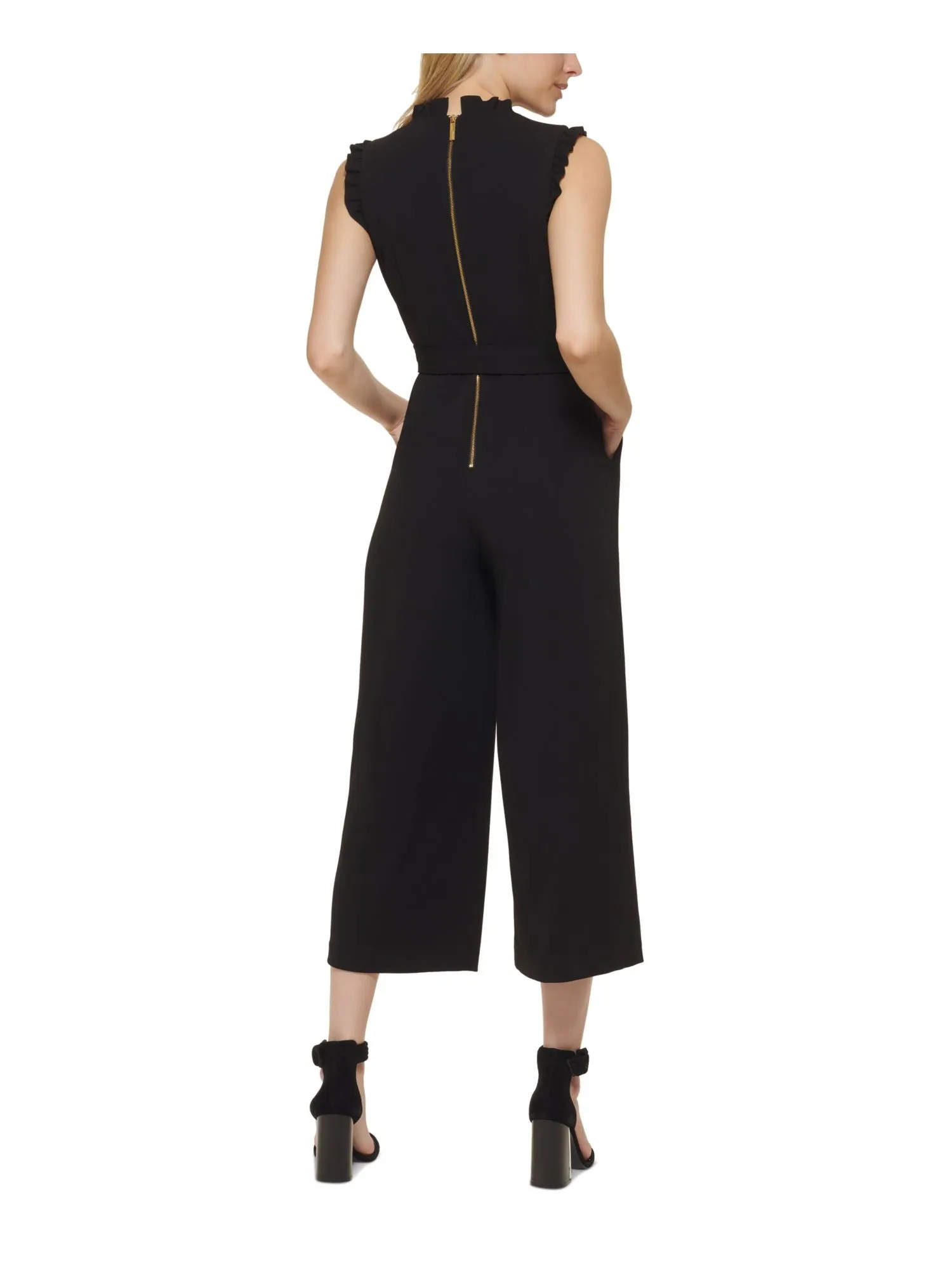 CALVIN KLEIN Womens Black Zippered Pocketed Ruffled Belted Wide Legg Cap Sleeve V Neck Party Cropped Jumpsuit