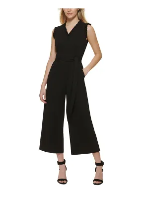 CALVIN KLEIN Womens Black Zippered Pocketed Ruffled Belted Wide Legg Cap Sleeve V Neck Party Cropped Jumpsuit