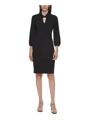 CALVIN KLEIN Womens Black Zippered Twist Front Keyhole 3/4 Sleeve Round Neck Above The Knee Wear To Work Sheath Dress