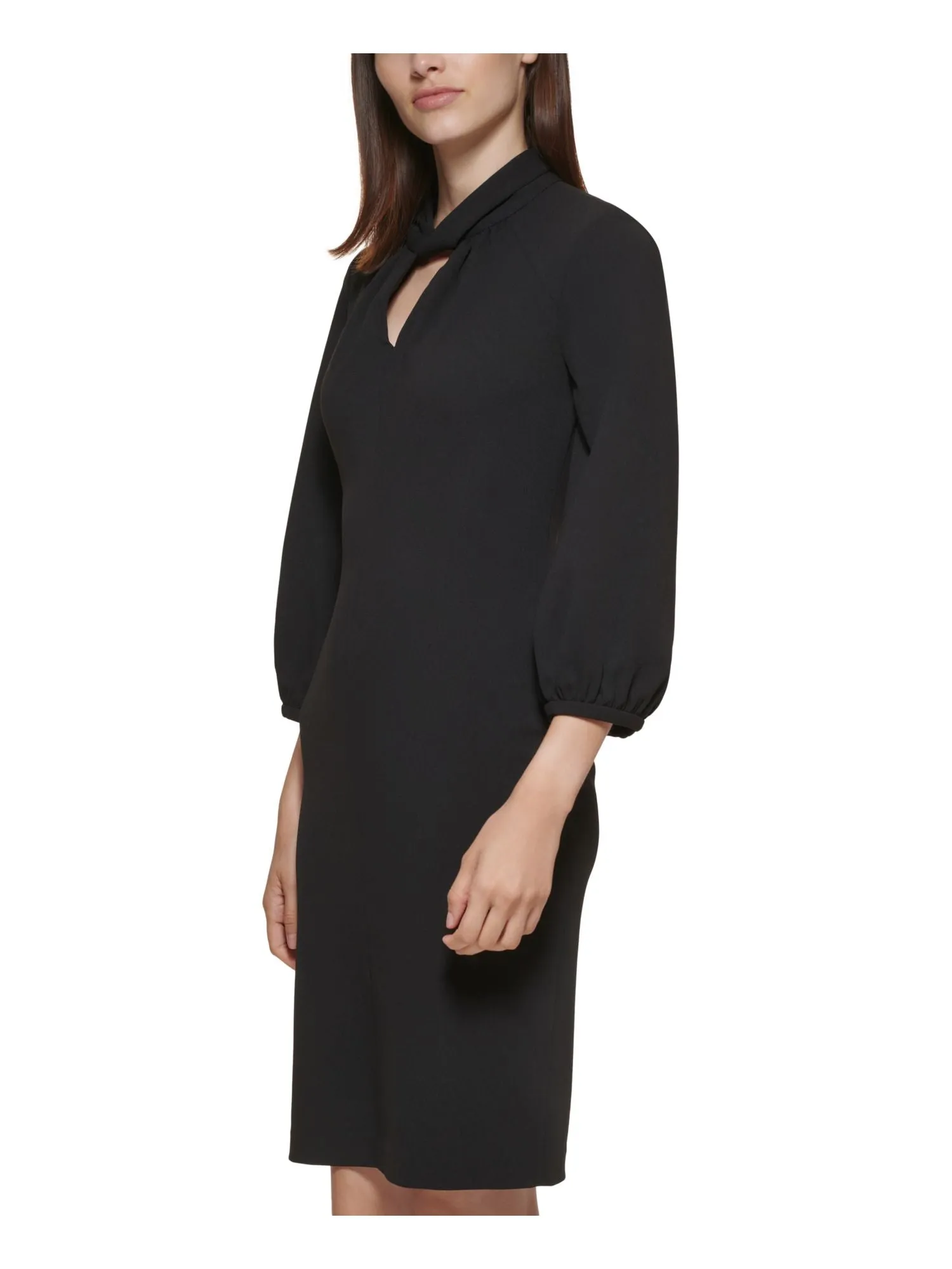 CALVIN KLEIN Womens Black Zippered Twist Front Keyhole 3/4 Sleeve Round Neck Above The Knee Wear To Work Sheath Dress