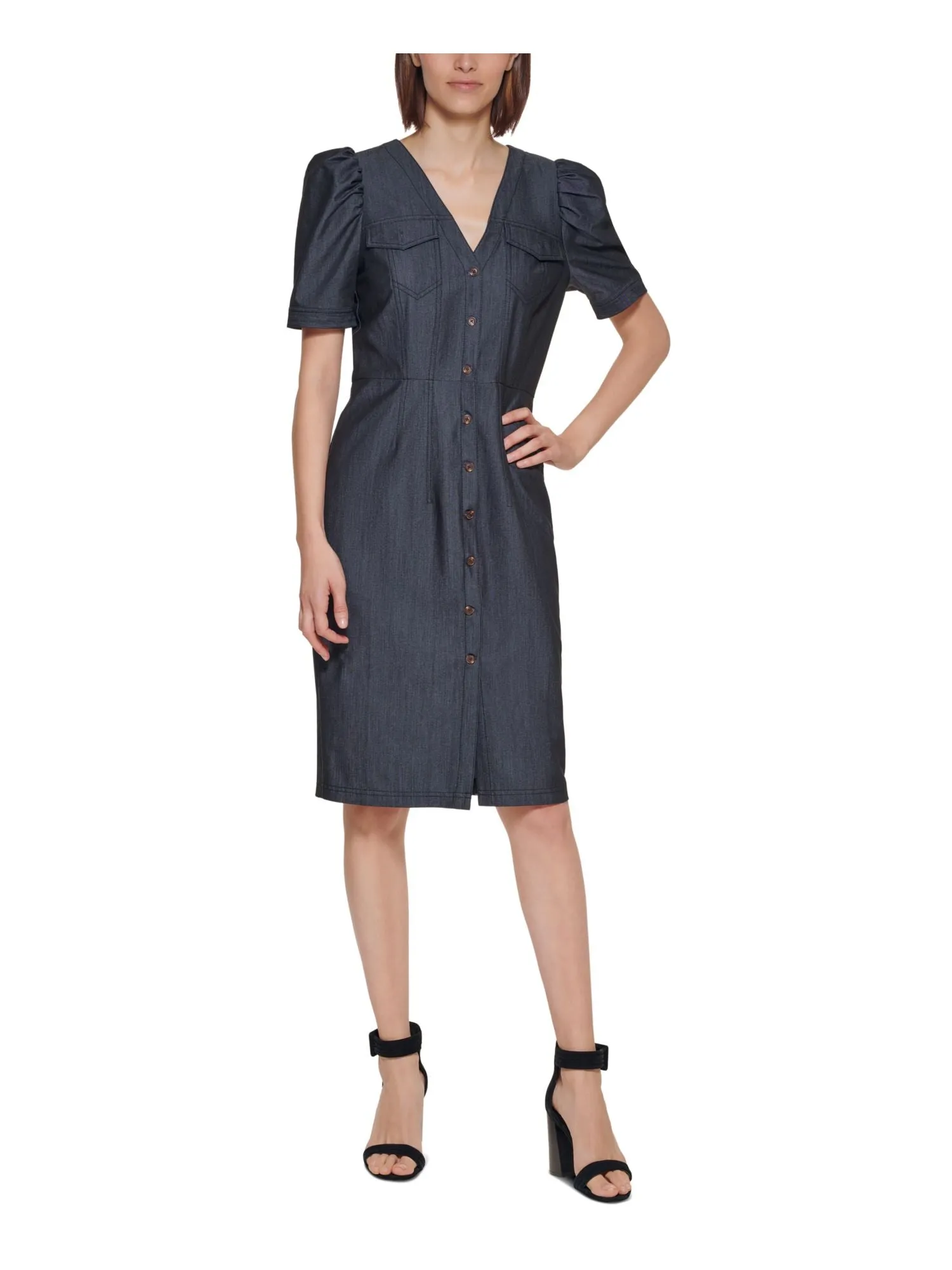 CALVIN KLEIN Womens Blue Denim Pocketed Button Up Unlined Pouf Sleeve V Neck Knee Length Wear To Work Sheath Dress