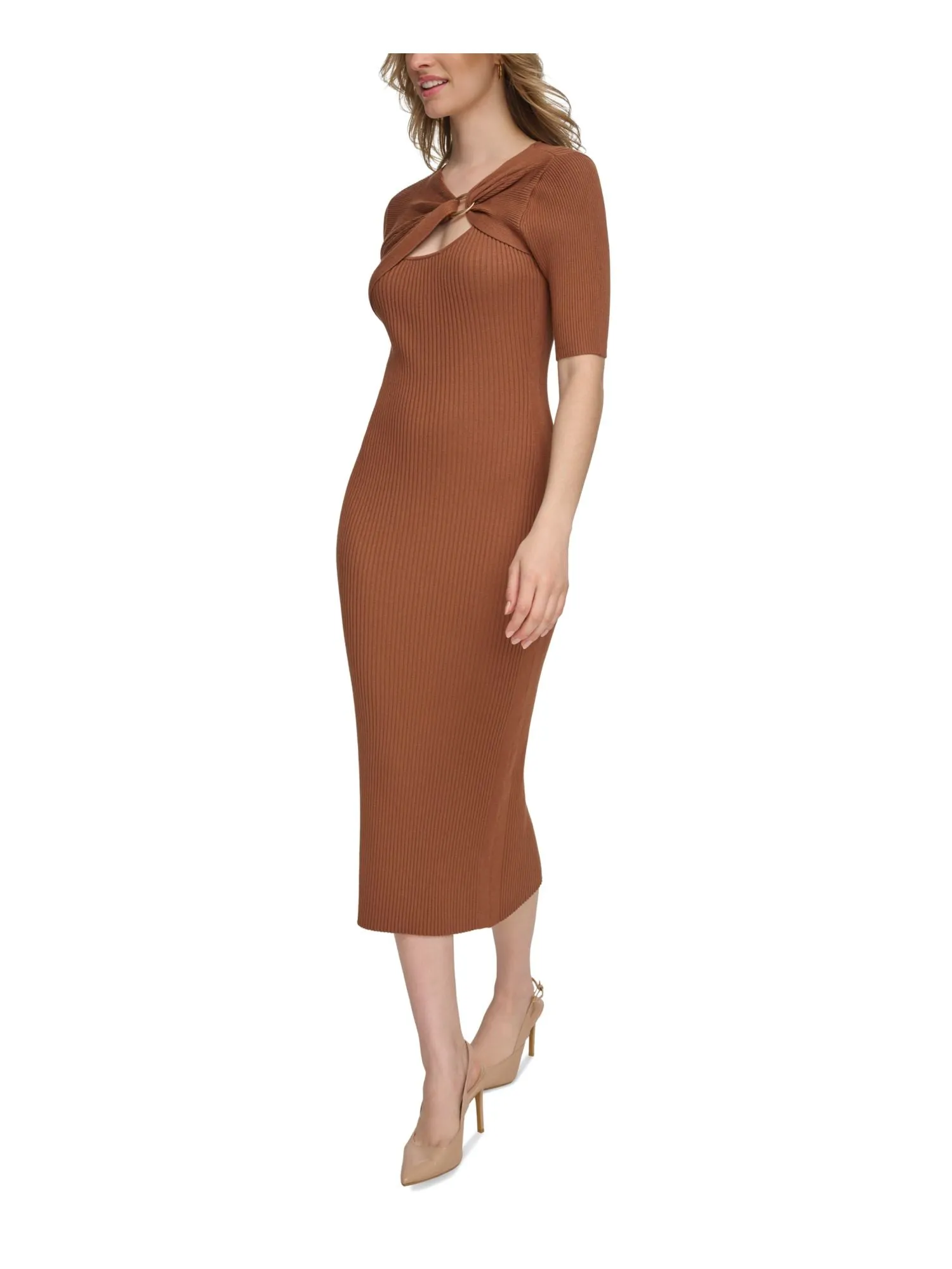 CALVIN KLEIN Womens Brown Knit Ribbed Hardware Detail Short Sleeve Asymmetrical Neckline Midi Party Sweater Dress