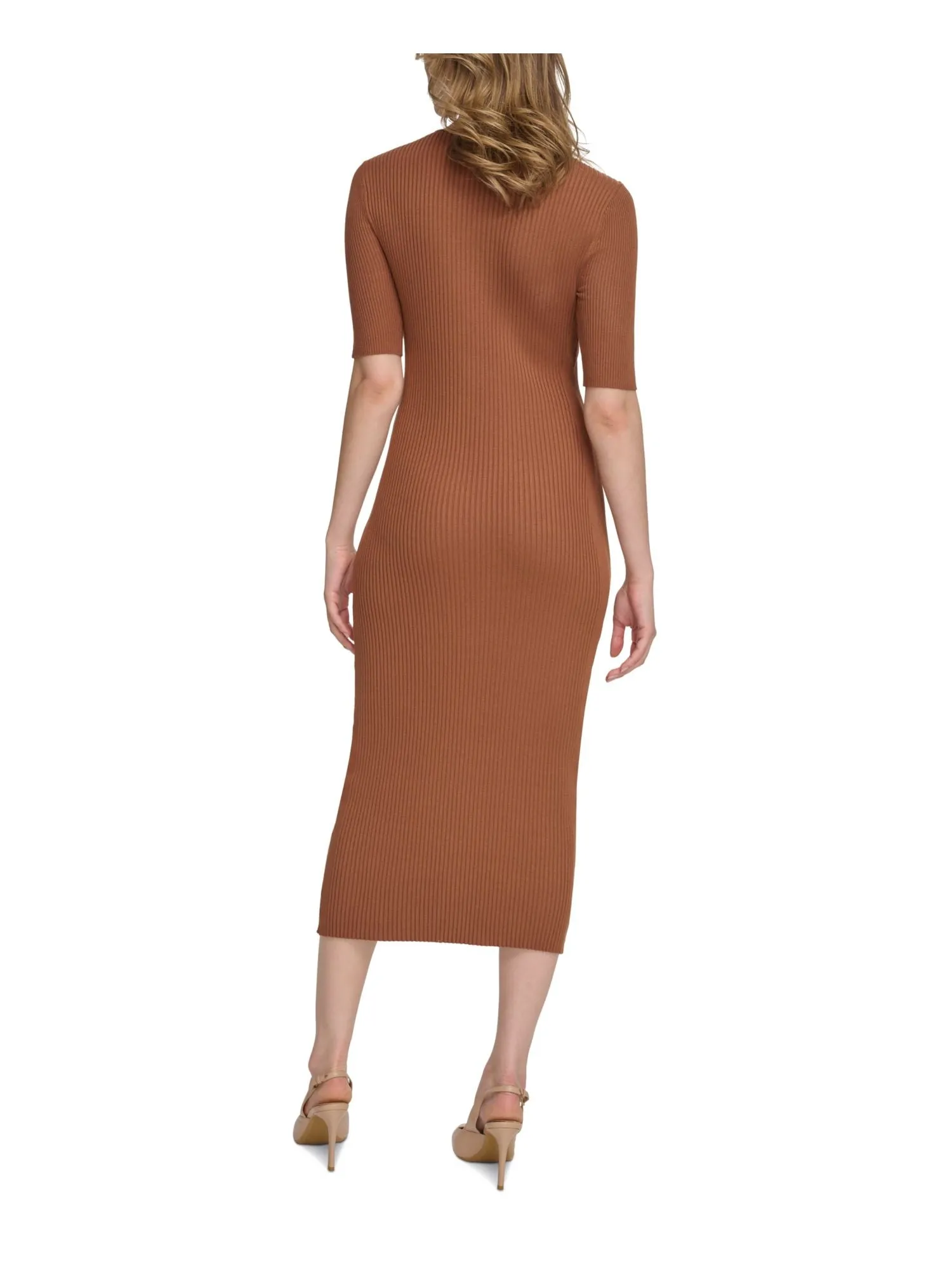 CALVIN KLEIN Womens Brown Knit Ribbed Hardware Detail Short Sleeve Asymmetrical Neckline Midi Party Sweater Dress