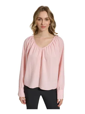 CALVIN KLEIN Womens Pink Pleated Cuffed Sleeve V Neck Top