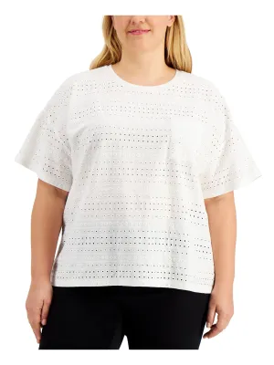 CALVIN KLEIN Womens White Eyelet Pocketed Short Sleeve Crew Neck Wear To Work T-Shirt