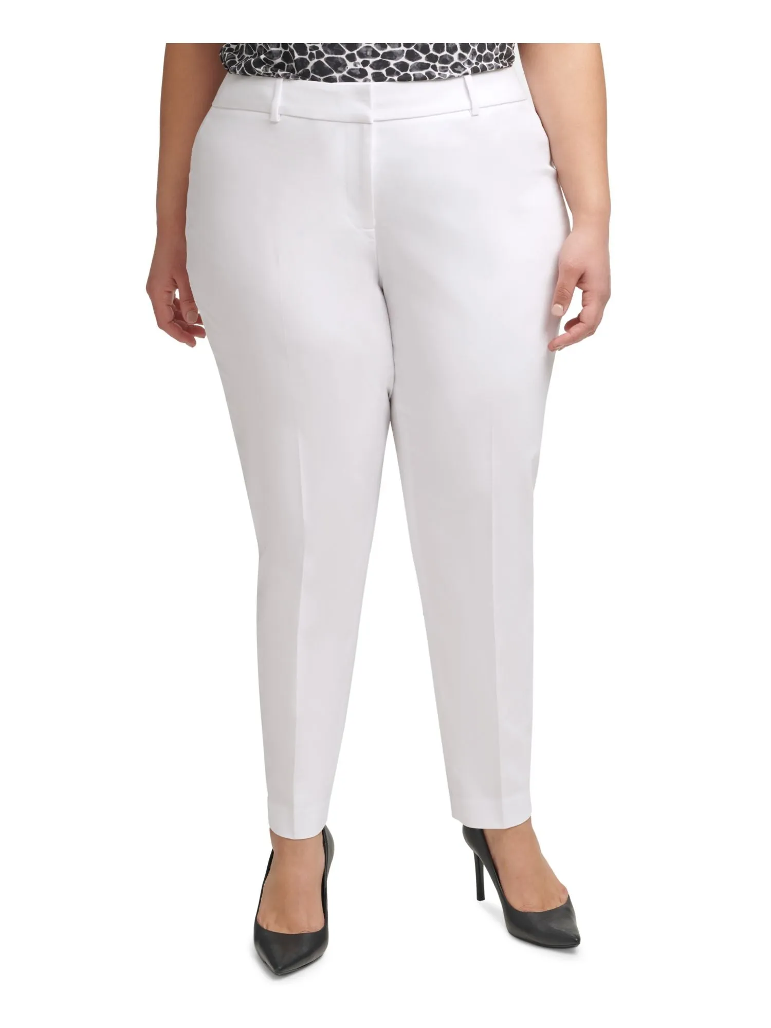 CALVIN KLEIN Womens White Stretch Zippered Slim-fit Mid-rise Wear To Work Straight leg Pants