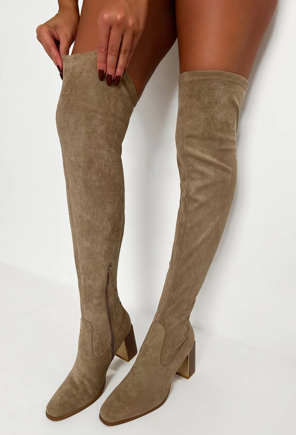 Can't Handle Me Beige Stretch Faux Suede Thigh High Boots