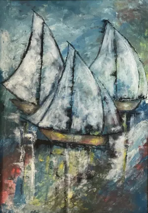 Cazil 30"x20" Three Boats c1990 Acrylic on Canvas #1HL