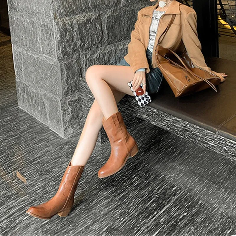 Classic Elegant Ankle Boots with 100% Leather Lining Mid Heel Western Boots in Black/Brown