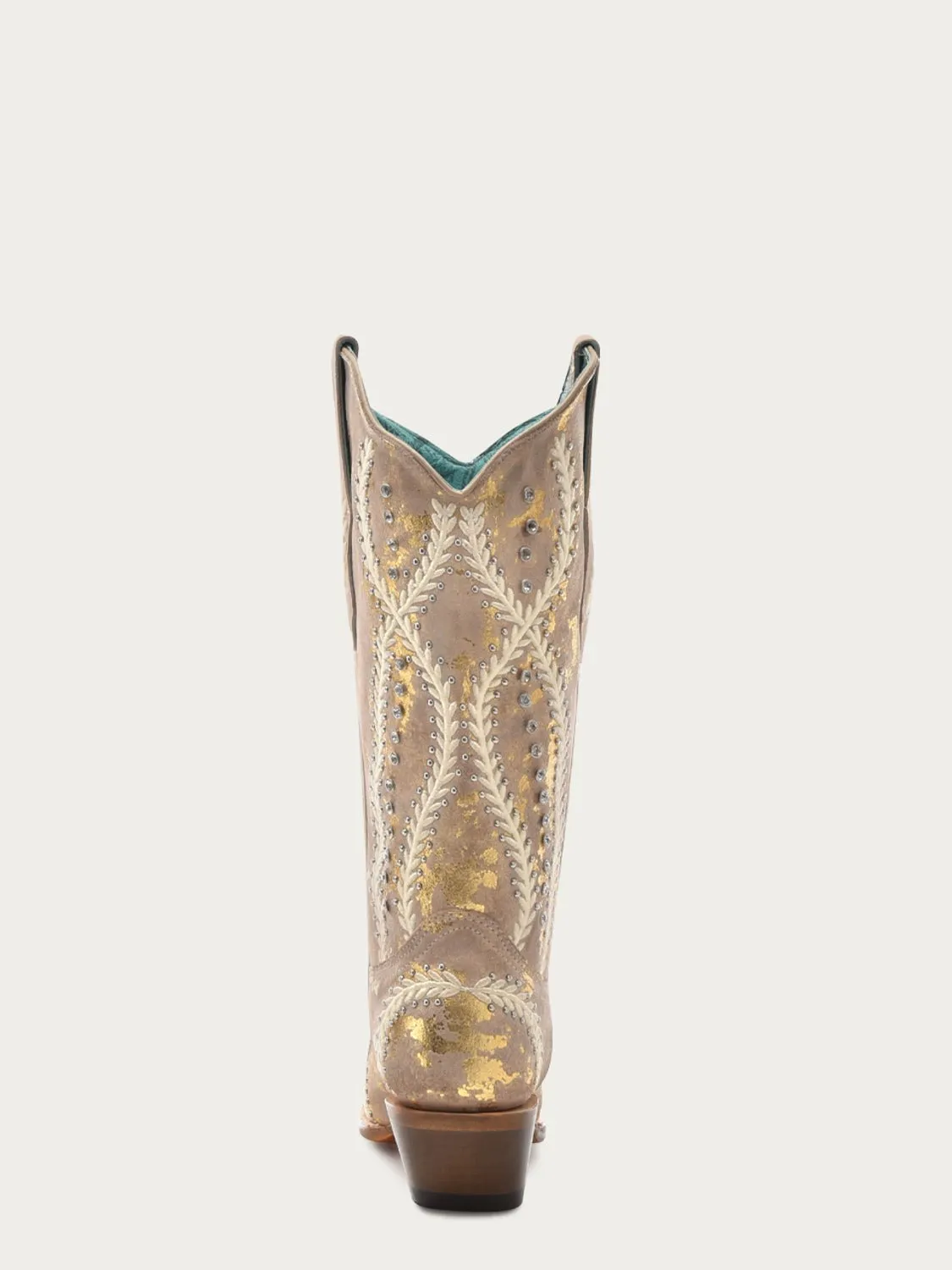 Corral Womens Crystal Embroidery Stud Snip Tan/Gold Cowhide 13in Cowboy Boots