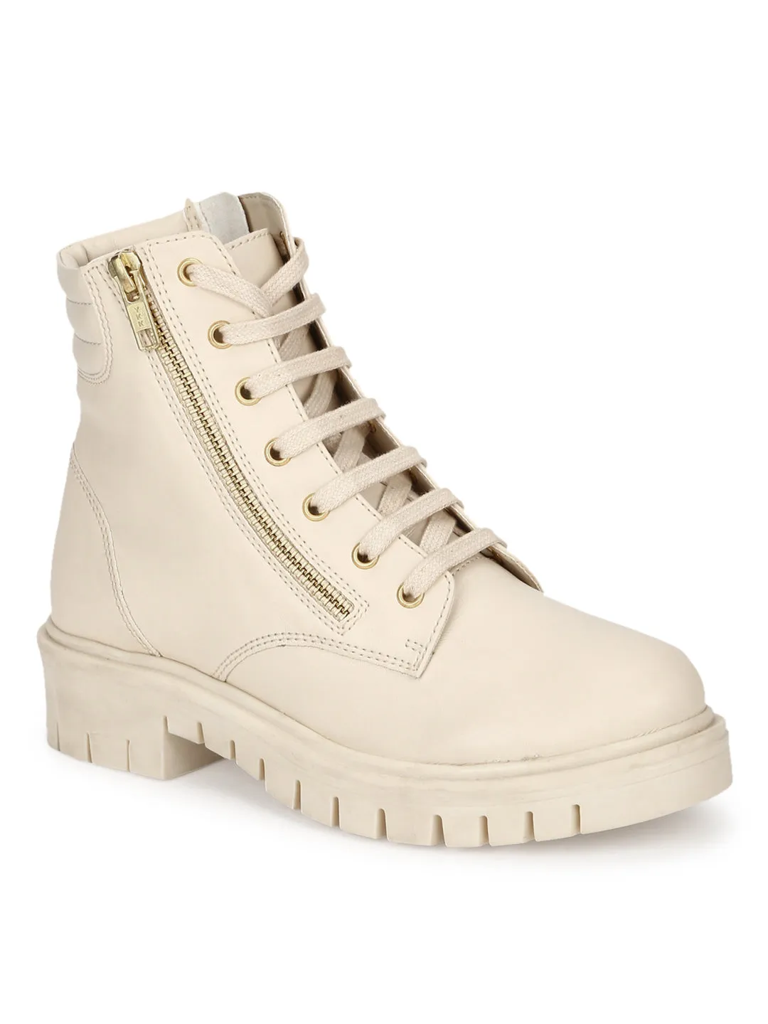 Cream Beige PU Lace Up Cleated Bottom Ankle Boots