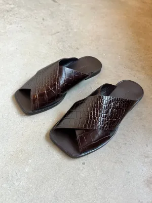 Crocodile Embossed Brown Leather Crossover Sandals