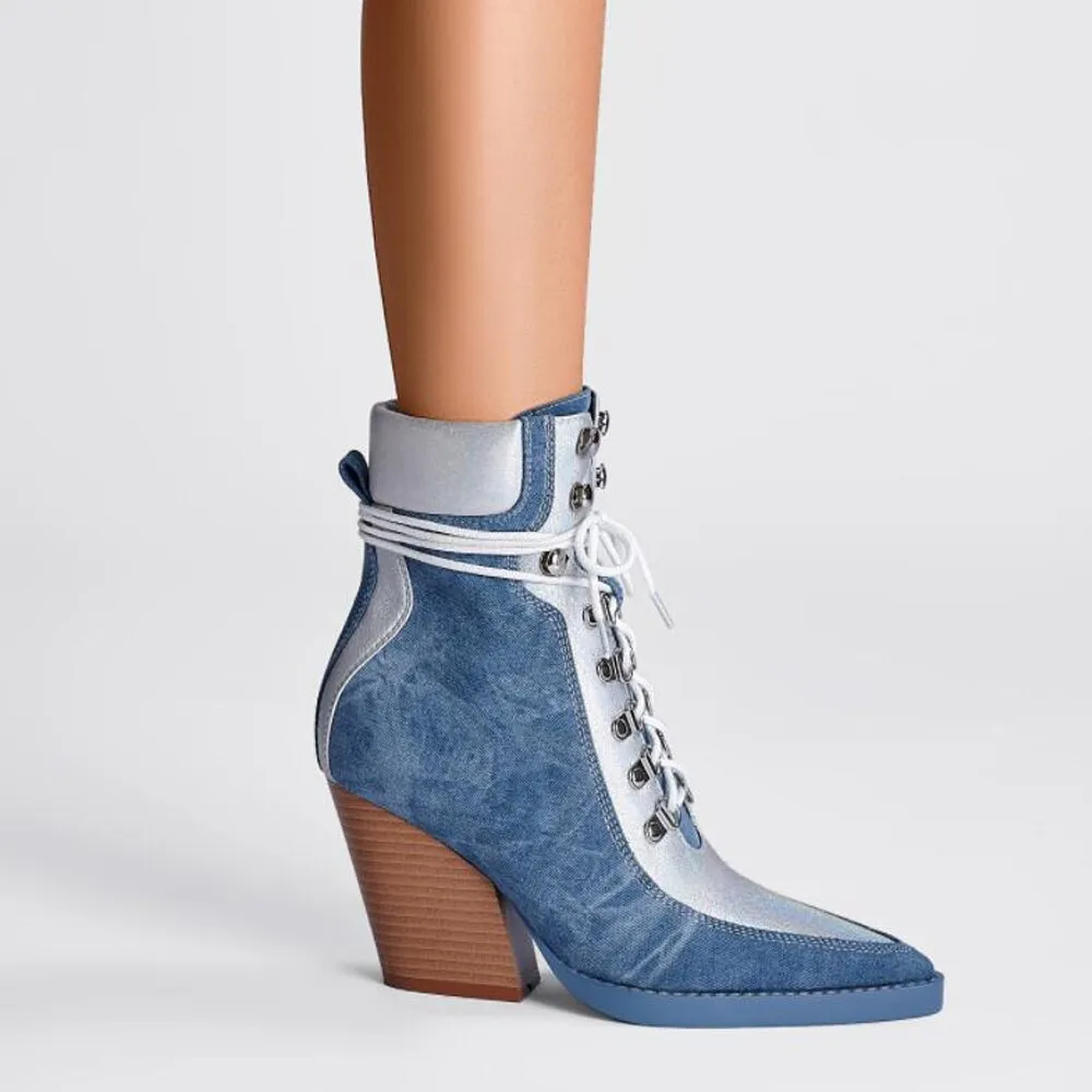 Denim Pointed Toe Lace Up Chelsea Boots