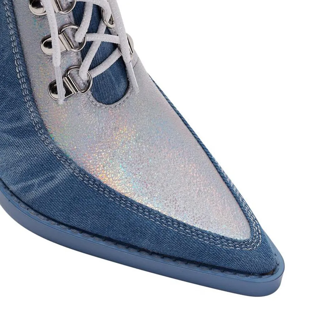 Denim Pointed Toe Lace Up Chelsea Boots