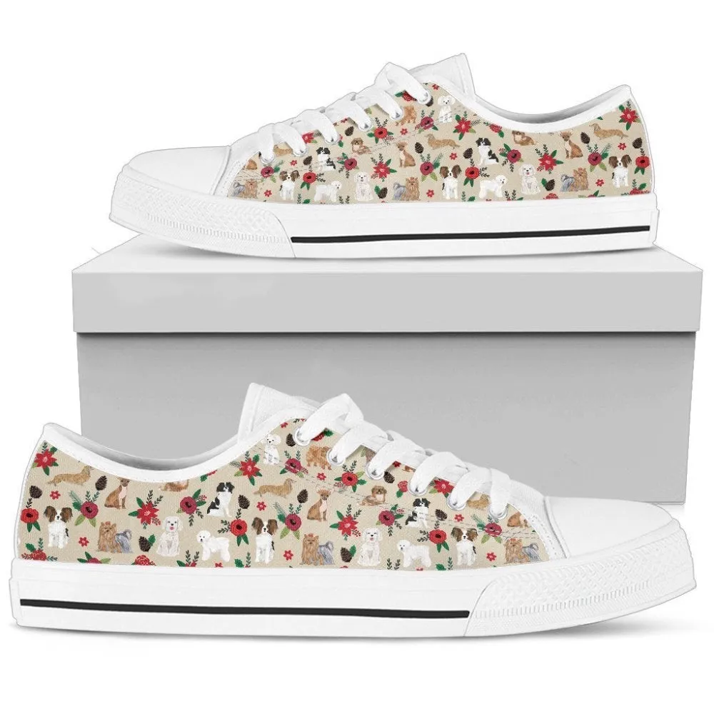 Dogs On Floral Sneakers Stylish Low Top Shoes For Pet Lovers, Dog Printed Shoes, Canvas Shoes For Men, Women