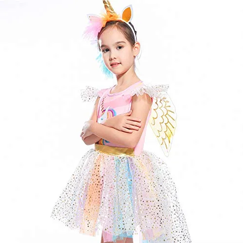 Fancydresswale Unicorn Dress with Wings,Headband Princess Costume Birthday Party Outfit Tutu