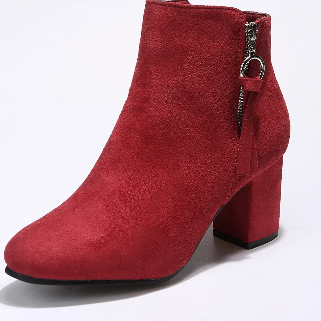 Faux suede chunky block heels ankle boots with side zipper