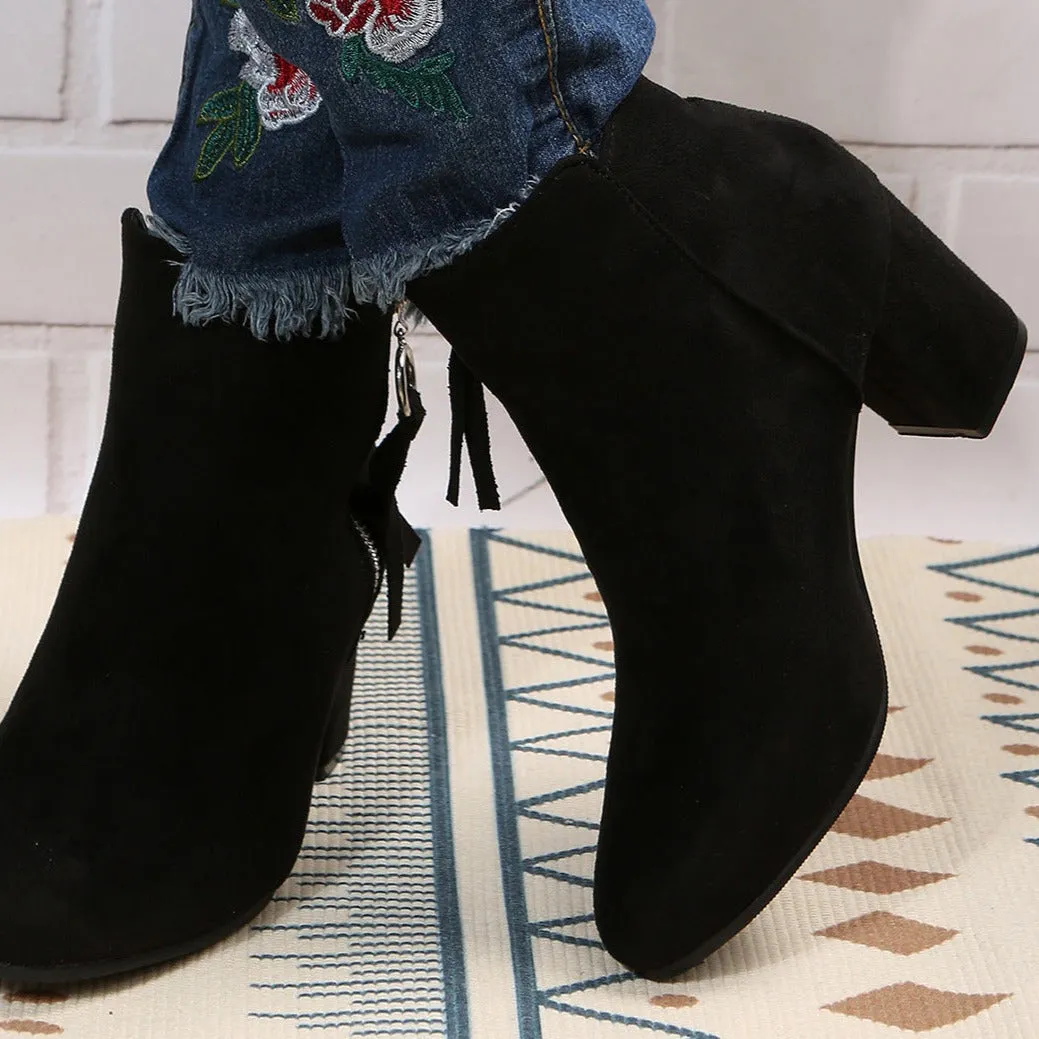 Faux suede chunky block heels ankle boots with side zipper