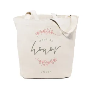 Floral Personalized Name Maid of Honor Wedding Cotton Canvas Tote Bag by The Cotton & Canvas Co.