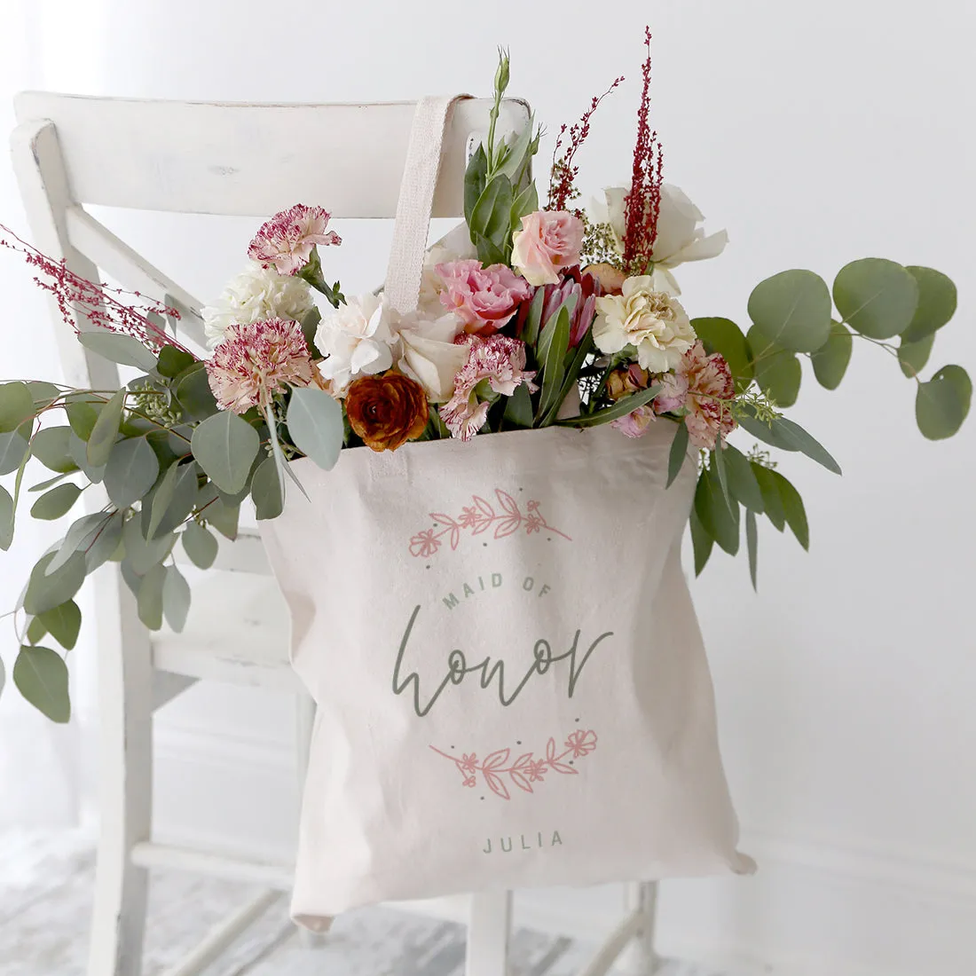 Floral Personalized Name Maid of Honor Wedding Cotton Canvas Tote Bag by The Cotton & Canvas Co.