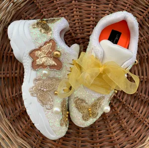 FUNKY N TRENDY gold butterfly embroidery sneakers for brides /gold embroidered sneakers/ handcrafted sneakers/ butterfly sneakers / bridal sneakers / bridesmaid sneakers/ gold and white hand work sneakers