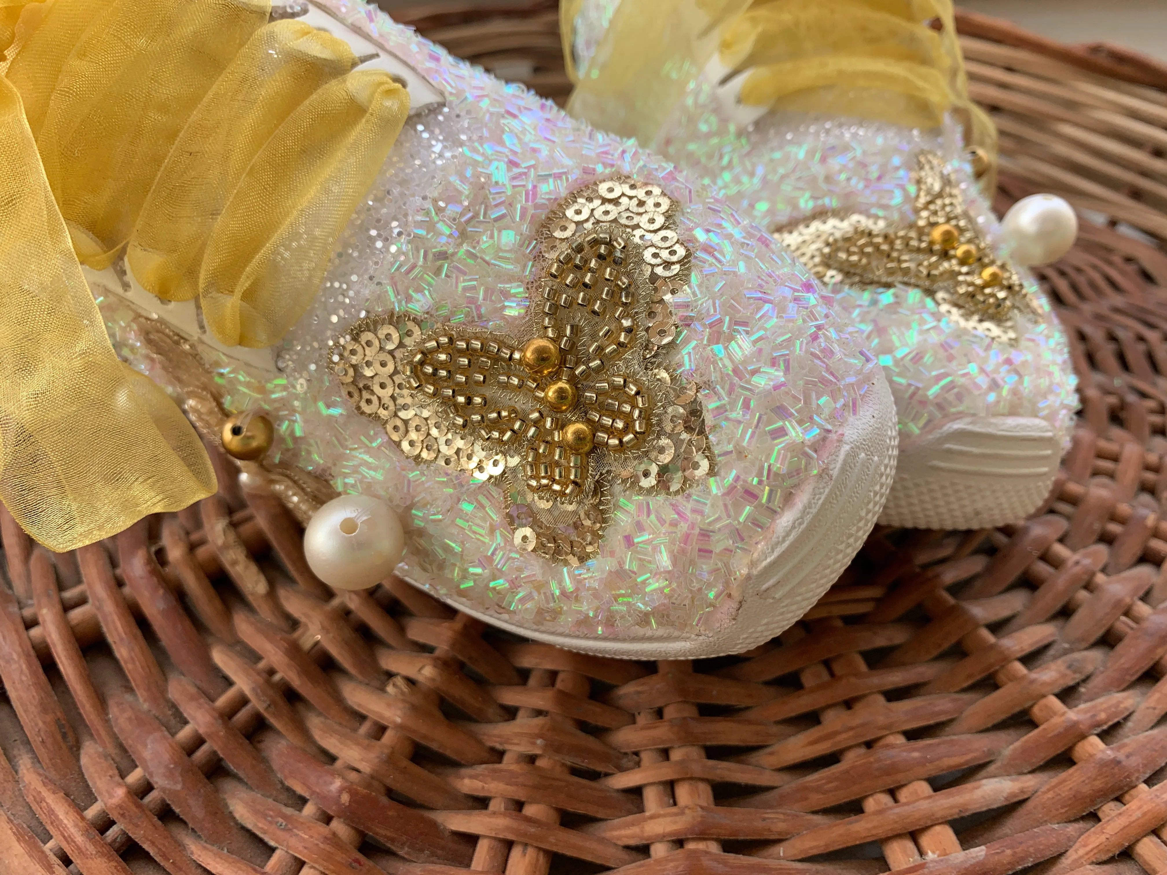 FUNKY N TRENDY gold butterfly embroidery sneakers for brides /gold embroidered sneakers/ handcrafted sneakers/ butterfly sneakers / bridal sneakers / bridesmaid sneakers/ gold and white hand work sneakers