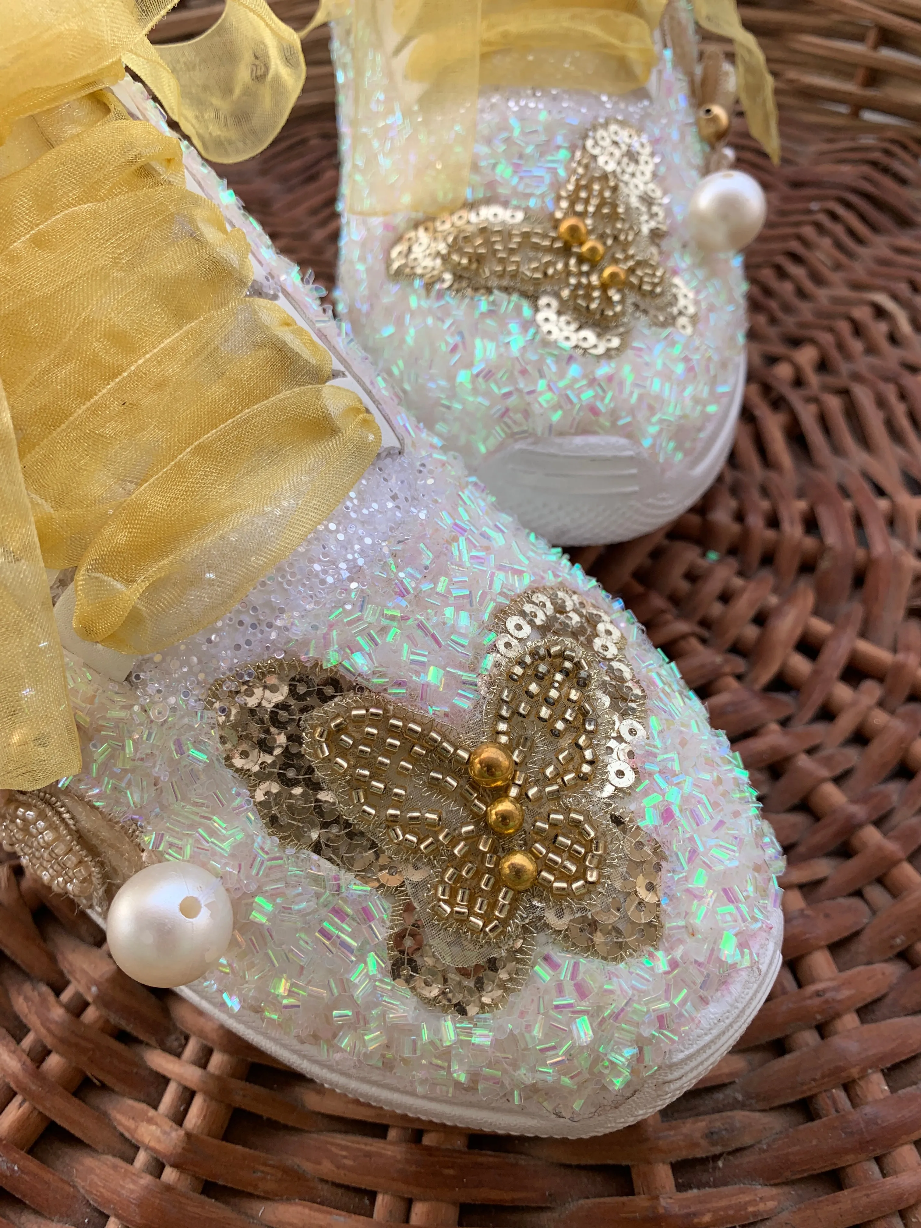 FUNKY N TRENDY gold butterfly embroidery sneakers for brides /gold embroidered sneakers/ handcrafted sneakers/ butterfly sneakers / bridal sneakers / bridesmaid sneakers/ gold and white hand work sneakers