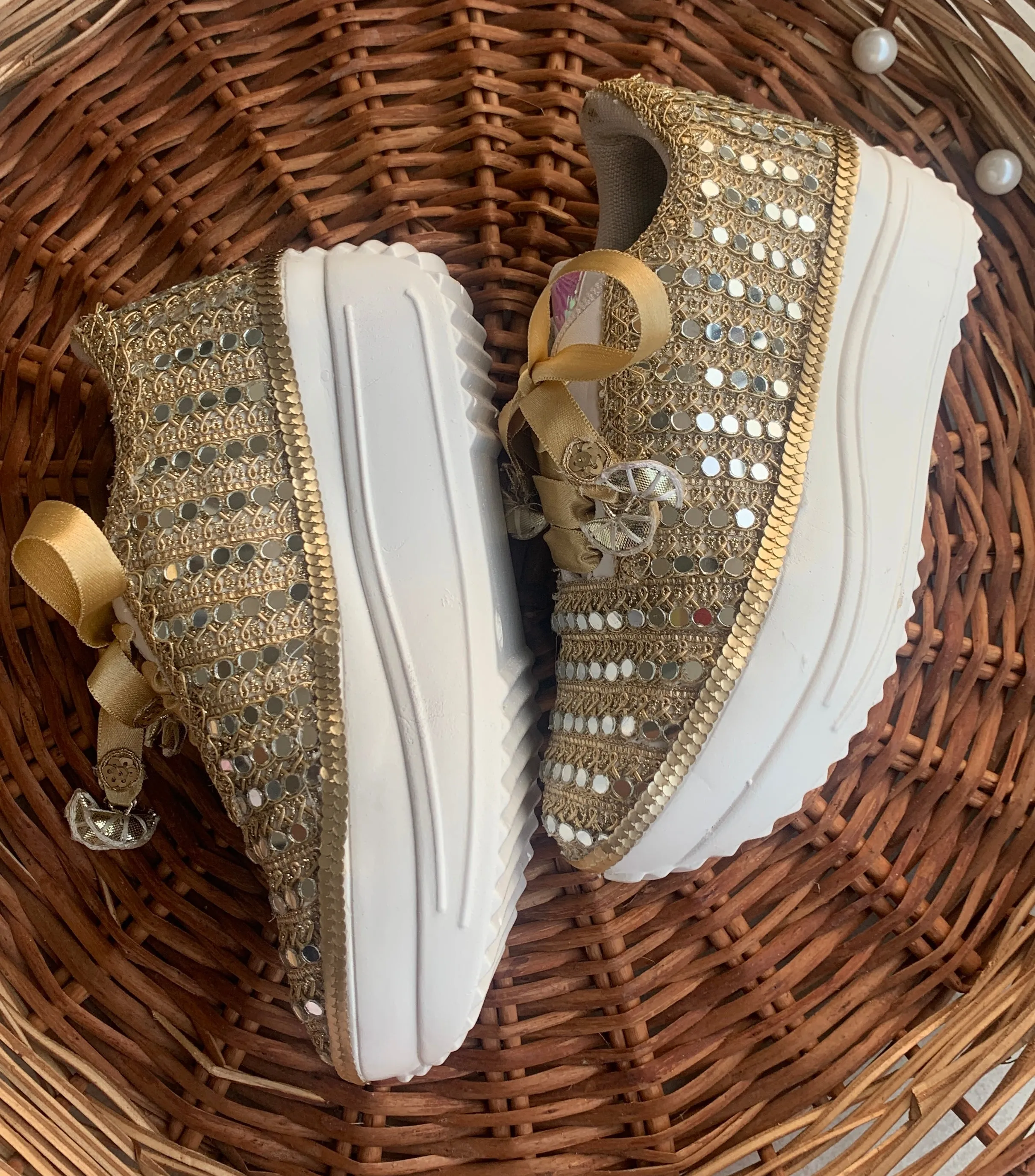 FUNKY N TRENDY gold mirror sneakers for brides /bridesmaids / sneakers for bridesmaids/ handcrafted sneakers/ mirror sneakers / bridal sneakers / bridesmaid sneakers/ gold sneakers / mirror shoes